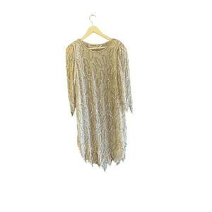 St. Honore New York Women Cream Silk Long Sleeve Crew Neck Sequin Dress One Size